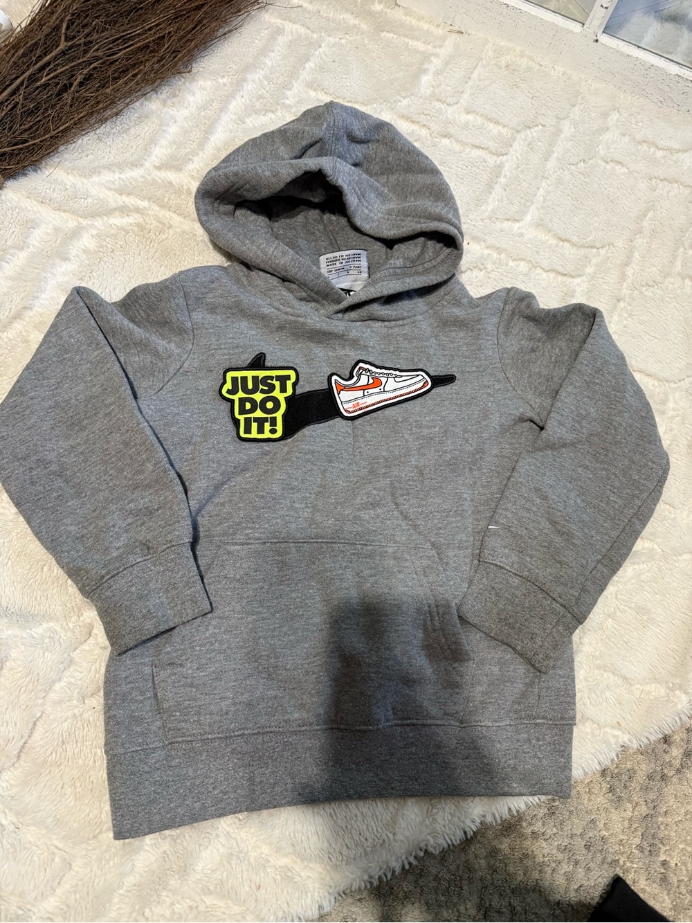 Nike Kids Gray Hoodie with 'Just Do It' Neon Patch and Sneaker Graphic